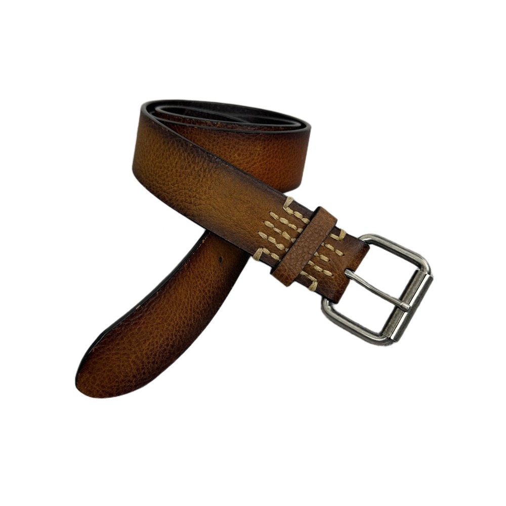 Bill Adler Leather Belt 38 Mens Brown Silver Buckle Stitched Casual Classic 1.5"